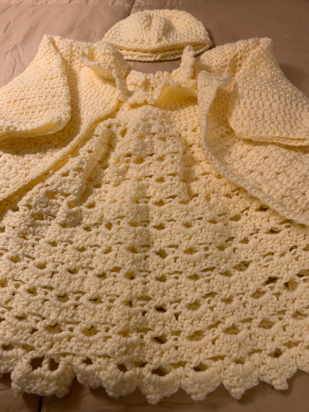 Light yellow crocheted Handmde baby dress, jacket and hat set 0-3 Months - New